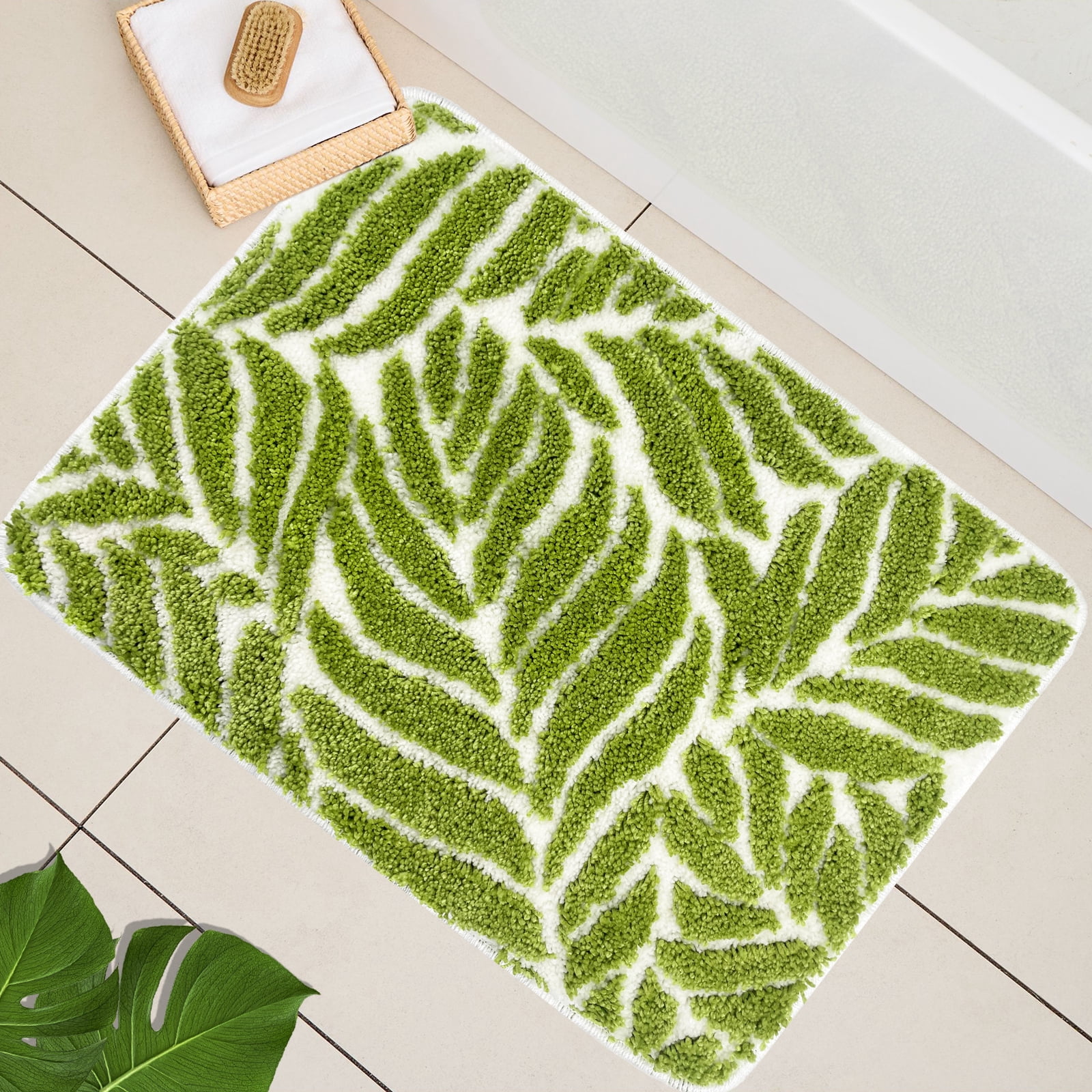 LivebyCare Green Leaves Bathroom Rugs - Bath Mats for Bathroom Non Slip Machine Washable Carpet for Bathroom Floor Water Absorbent Bath Rugs for Sink Toilet Bathtub and Shower, 20" x 31.5"
