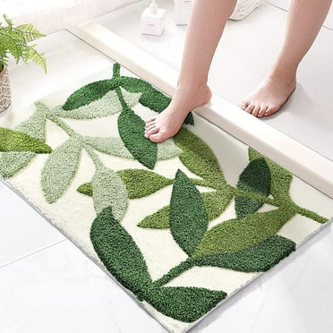 LivebyCare Green Tropical Leaf Bathroom Rug with Non Slip Strong Water Aabsorbent Plush Microfiber Small Fluffy Bath Rug Floor Bath Mat Cute Indoor Shower Mat 17.5 X 25.5IN
