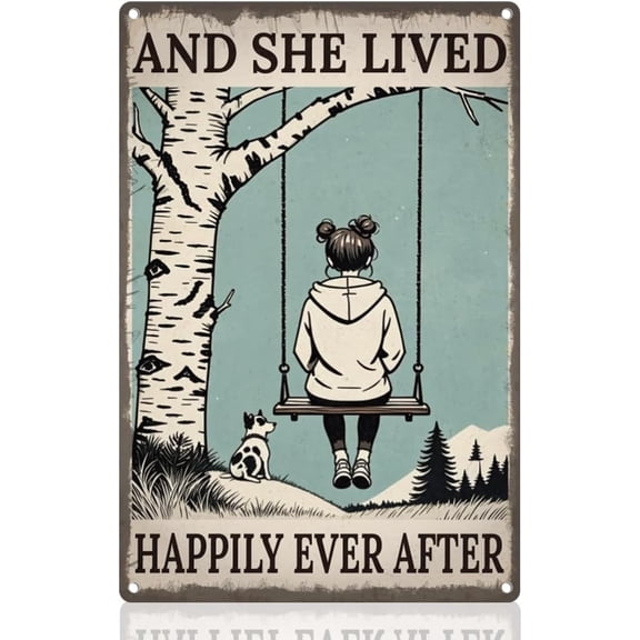 She Lived Happily Ever After Tin Sign Retro Metal Wall Decor 8" x 12" Vintage Woman On Swing Wall Art Poster for Home Cafes Man Cave Bar Outdoor Garage Room Gym Decor Gift