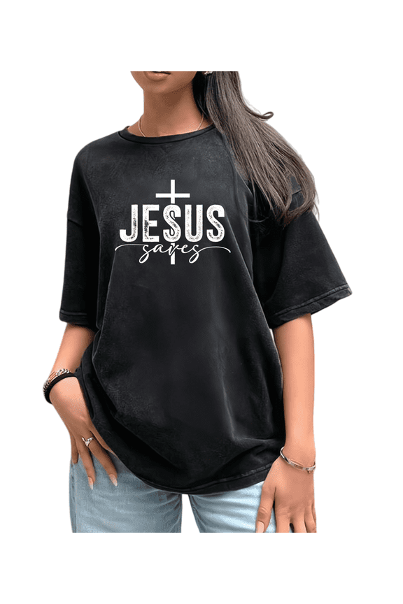 Lived In Garment Washed Black Print Tshirt Jesus Graphic Tees Weekend Brunch Shirts S-2XL Tops