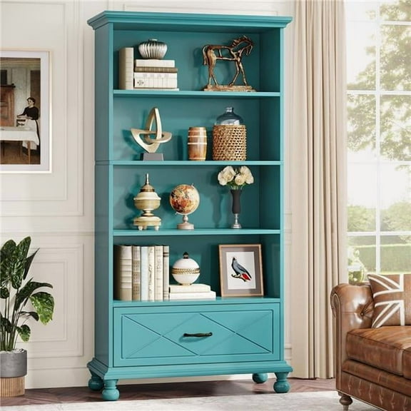 Liveditor TD-WQ39642 6-Shelf Bookcase in Blue with Drawer, 71' Bookshelf with Solid Wood Legs