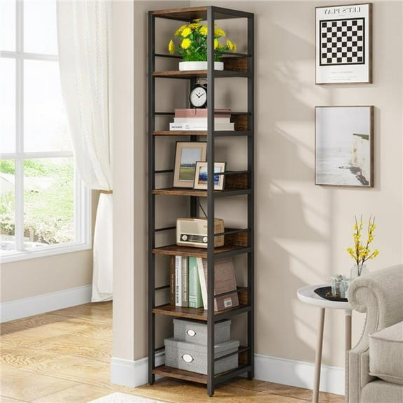 Liveditor TD-WQ34015 6-Tier Corner Shelf in Brown, Narrow Etagere Bookshelf Storage Rack