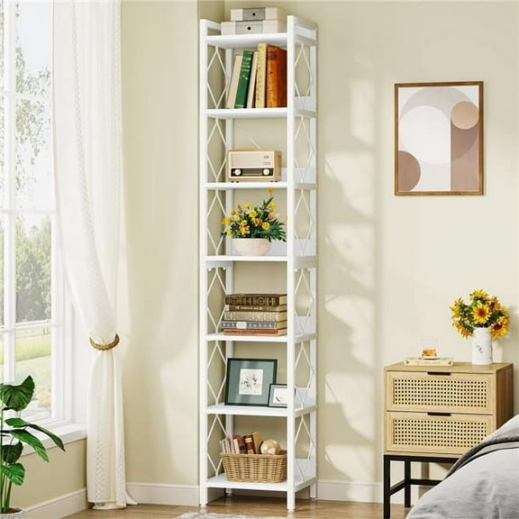 Liveditor TD-WQ39640 7-Tier Corner Shelf in White, 78.7' Narrow Bookshelf Corner Bookcase