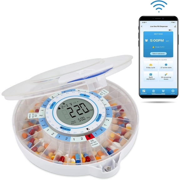 LiveFine Smart WiFi Automatic Pill Dispenser, 28-Day Pill Organizer w/Locking Key & Adjustable Light/Sound