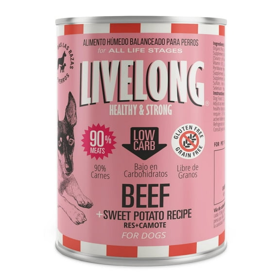 Livelong Healthy & Strong: 12 Pack: Beef & Sweet Potato Recipe - 12.5oz Cans, Wet Dog Food, High Protein, All Natural, No Preservatives,