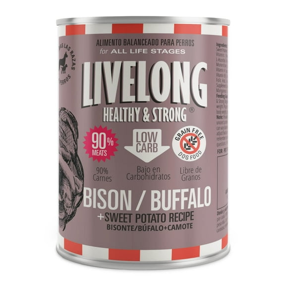 Livelong Healthy & Strong: 12 Pack: Bison/Buffalo & Sweet Potato Recipe - 12.5oz Cans, Wet Dog Food, High Protein, All Natural, No Preservatives,
