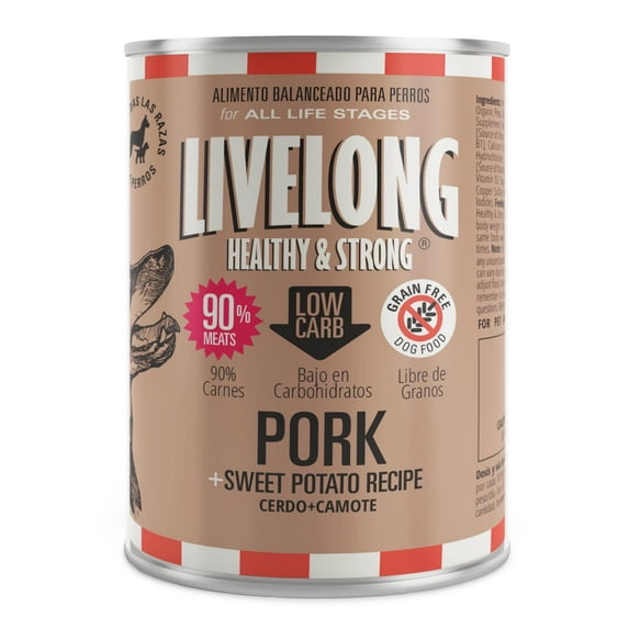Livelong Healthy & Strong: 12 Pack: Pork & Sweet Potato Recipe - 12.5oz Cans, Wet Dog Food, High Protein, All Natural, No Preservatives,