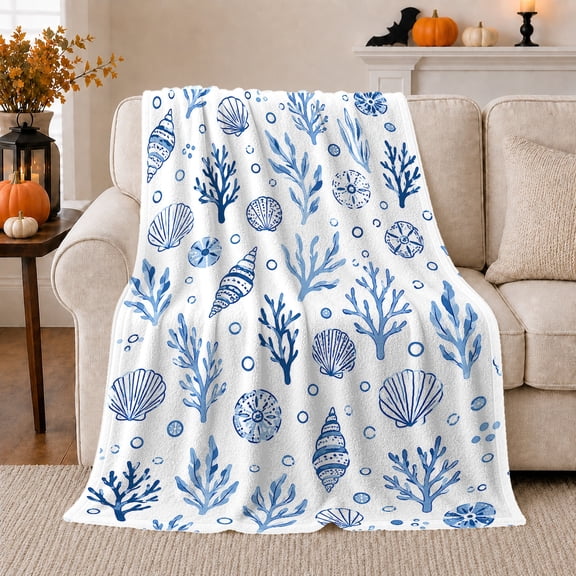 Lively Blue Coral Reef Seashell Design White Coastal, Festive Holiday Scene, Warm Flannel Blanket for Living Room and Reading Nook, Art Lovers Christmas Gift, Festive Home Decor