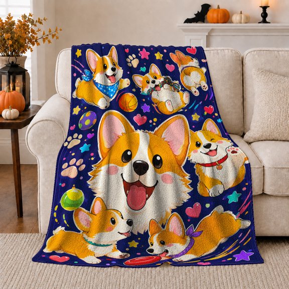 Lively Cartoon Corgis Playing Stars Hearts Dark Blue, Playful Pet Portrait Pattern, Warm Flannel Blanket for Living Room and Reading Nook, Dog Lovers Friendship Gift, Pet Lover Home Decor