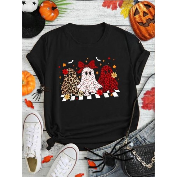 Lively Halloween Ghost Graphic Tee, Tops Has Centered Patterned Ghosts & Halloween Elements Design, Round Neck Regular Fit T - shirts, Size(S - 5XL)