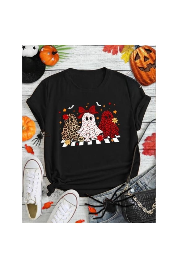 Lively Halloween Ghost Graphic Tee, Tops Has Centered Patterned Ghosts & Halloween Elements Design, Round Neck Regular Fit T - shirts, Size(S - 5XL)