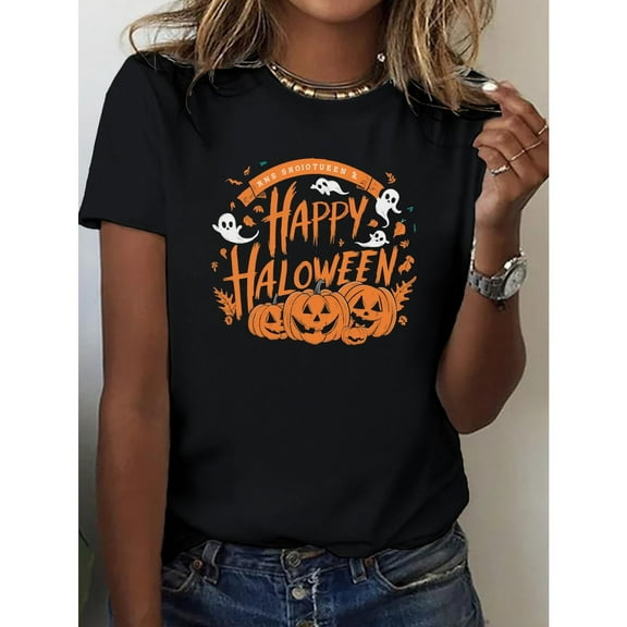 Lively Halloween - Themed Printed Tee,Features "Happy Halloween" Text Along with Ghosts & Pumpkins Design, Round Neck Regular Fit T - shirts, Size(S - 5XL)