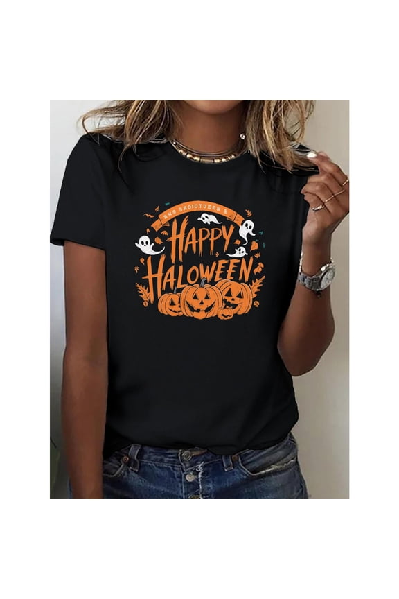 Lively Halloween - Themed Printed Tee,Features "Happy Halloween" Text Along with Ghosts & Pumpkins Design, Round Neck Regular Fit T - shirts, Size(S - 5XL)