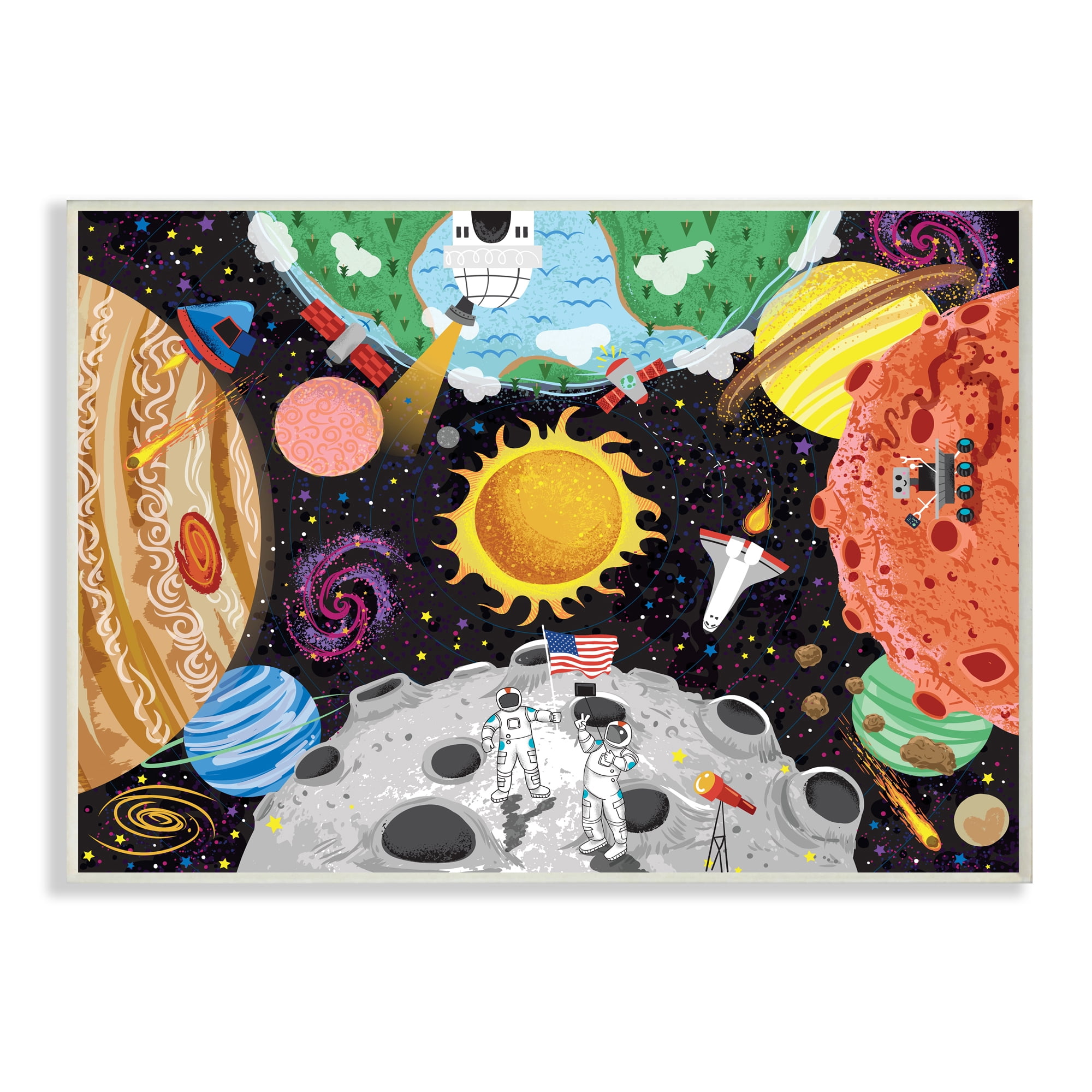 Stupell Industries Lively Outer Space Planets Astronauts on Moon,13 x 19,Designed by Arrolynn Weiderhold