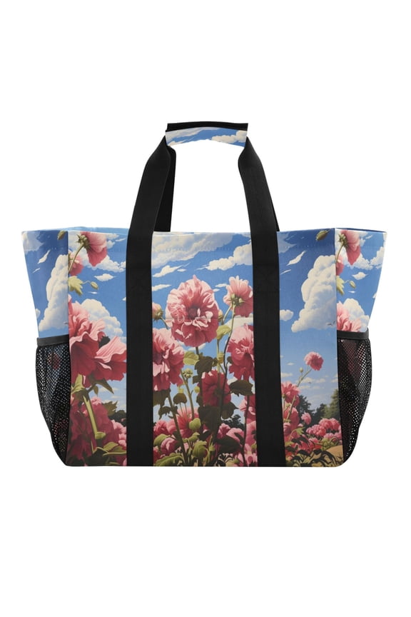 Lively Pink Flower Reusable Grocery Bags with Handle Side Pocket Waterproof Shopping Portable Tote