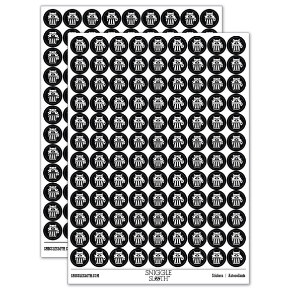 Lively Raccoon in Trash Can 200+ Round Stickers - Black - Gloss Finish - 0.50" Size