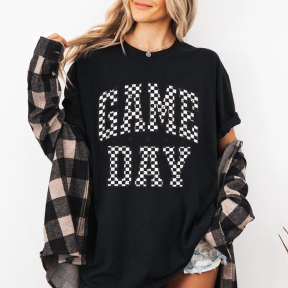 Lively Sports - Themed Art Tee,Tops Showcases "GAME DAY" Text with Checkered Pattern, Round Neck Regular Fit T - shirts, Size(S - 5XL)