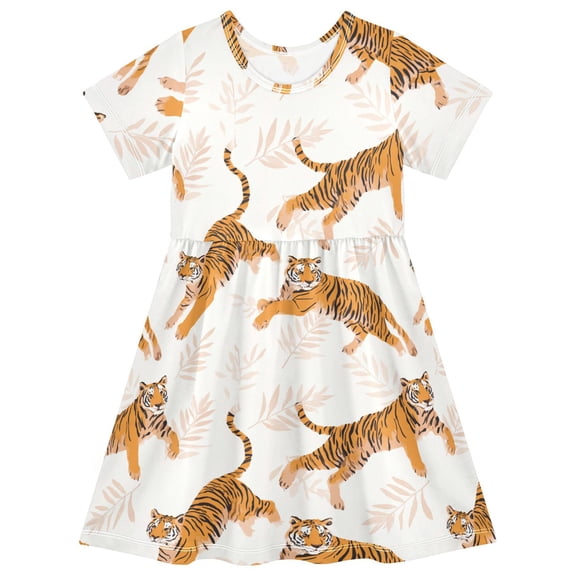 Lively Tiger Short Sleeve Dress A-Line Cute Midi Casual Sundress 2-8 Years