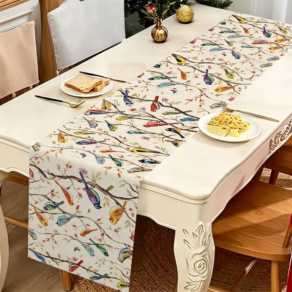 Lively Variety Small Birds Branch Print Polyester Table Runner, 13x48/13x70/13x108 inch, Coffee & Sideboard Table Decor