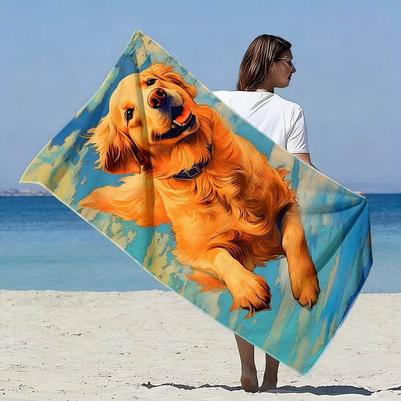 Lively and cute swimming golden retriever style soft towel is suitable for beach, cute dog print pattern, microfiber bath towel, fast drying, super absorbent, suitable for seaside vacation