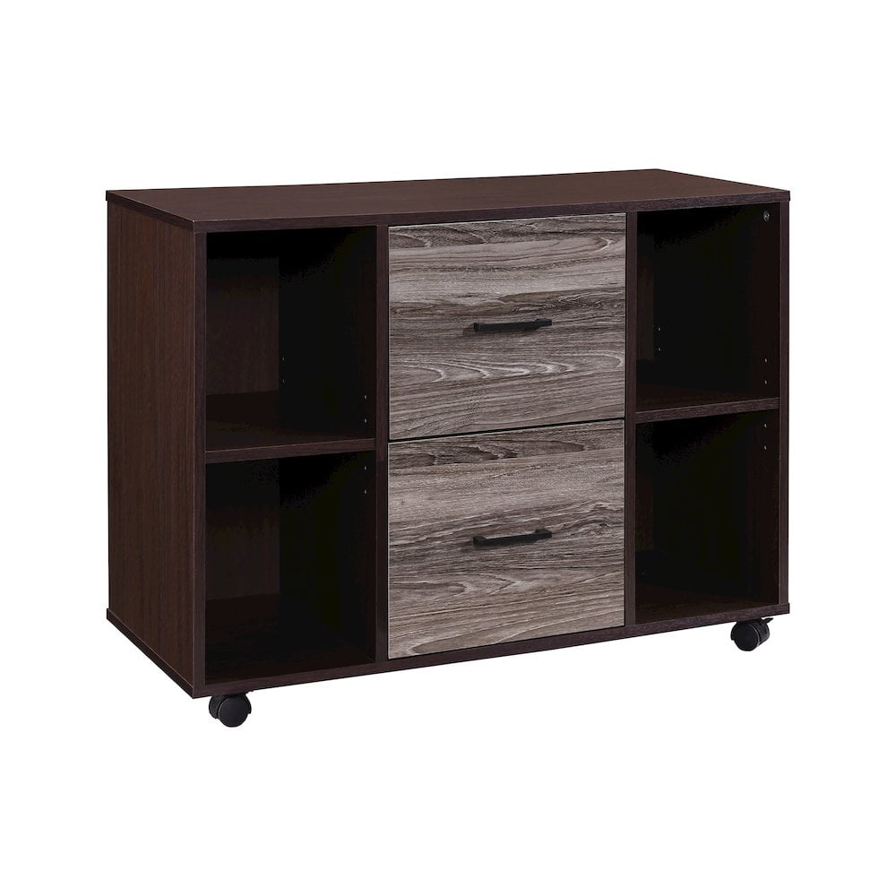 Walnut Wood Mobile Lateral File Cabinet with 2 Drawers
