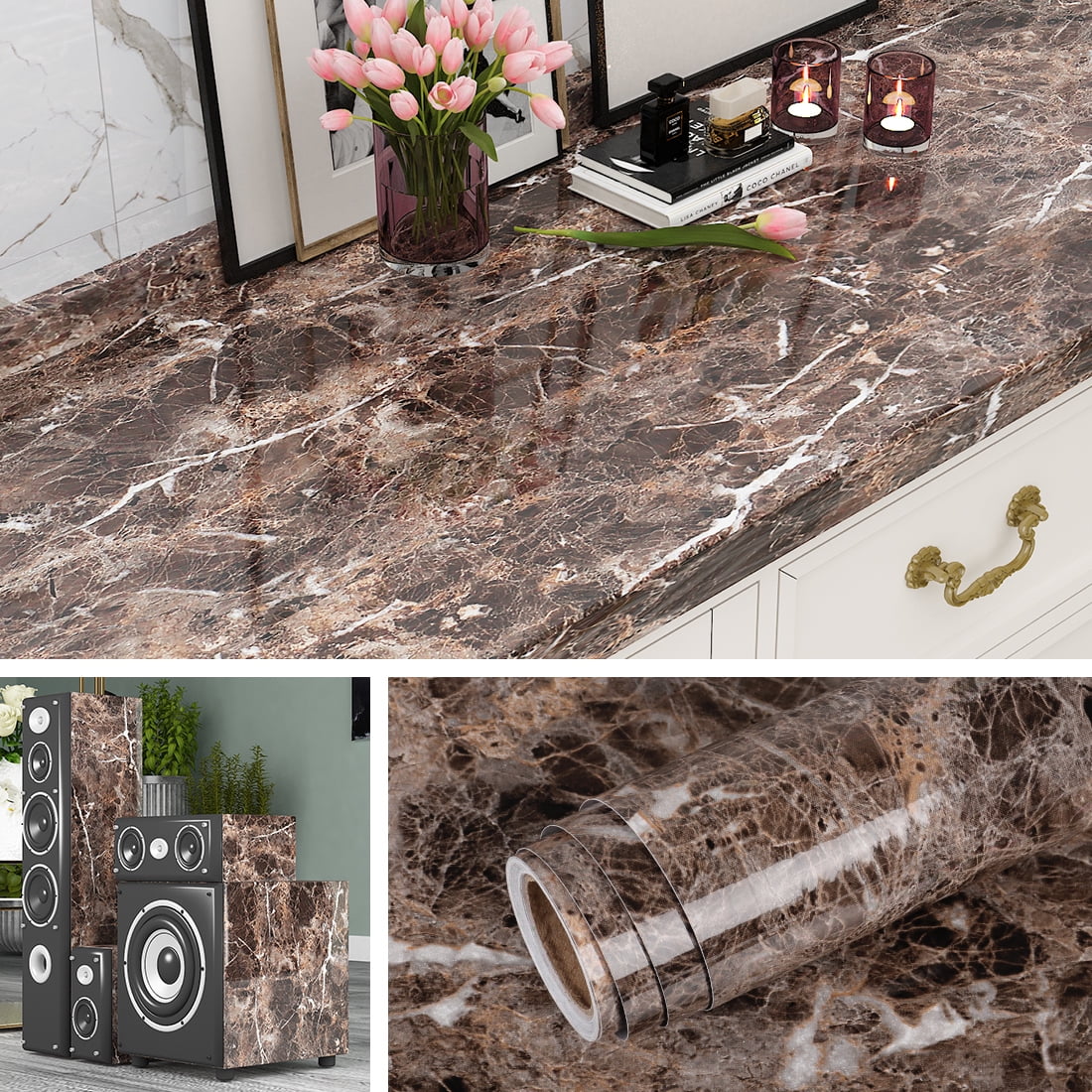 Livelynine Counter top Covers Peel and Stick Brown Marble Contact