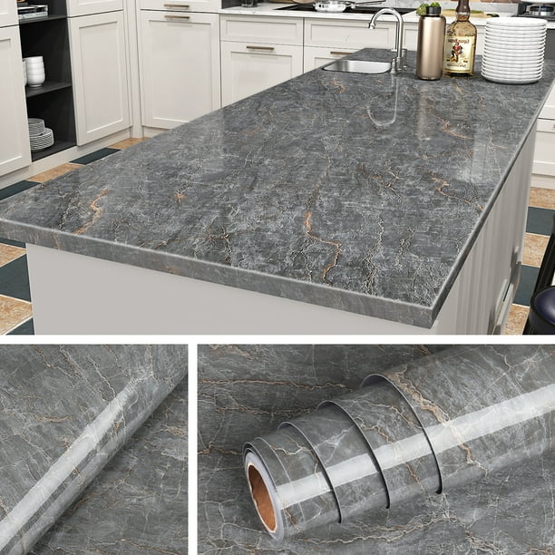 Livelynine 200 X 24 Inch Dark Gray Marble Contact Paper for Kitchen