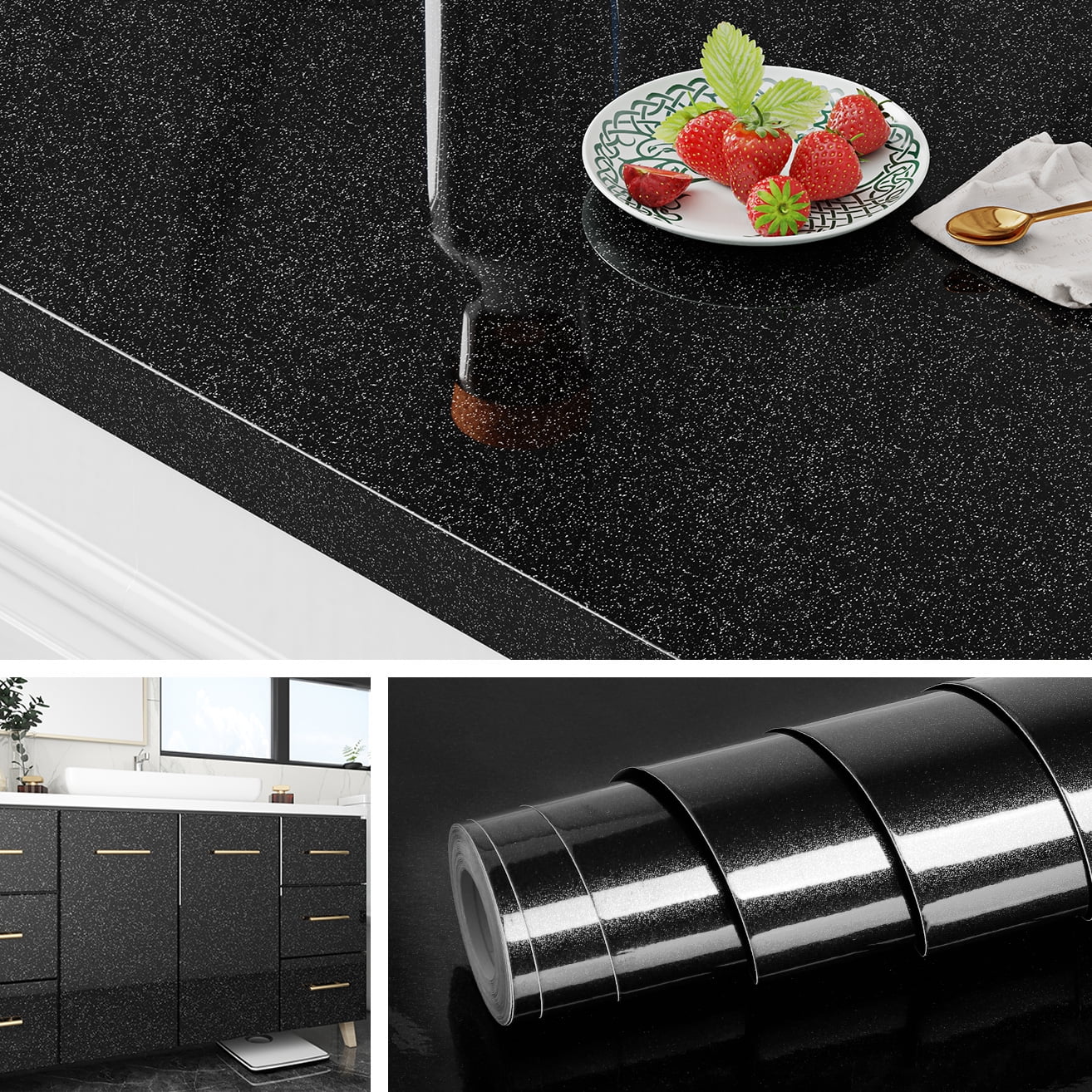 Livelynine Glossy Black Contact Paper Peel and Stick Kitchen Wallpaper Waterproof