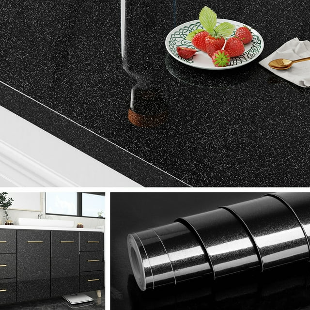 Livelynine Glossy Black Contact Paper Peel and Stick Kitchen Wallpaper
