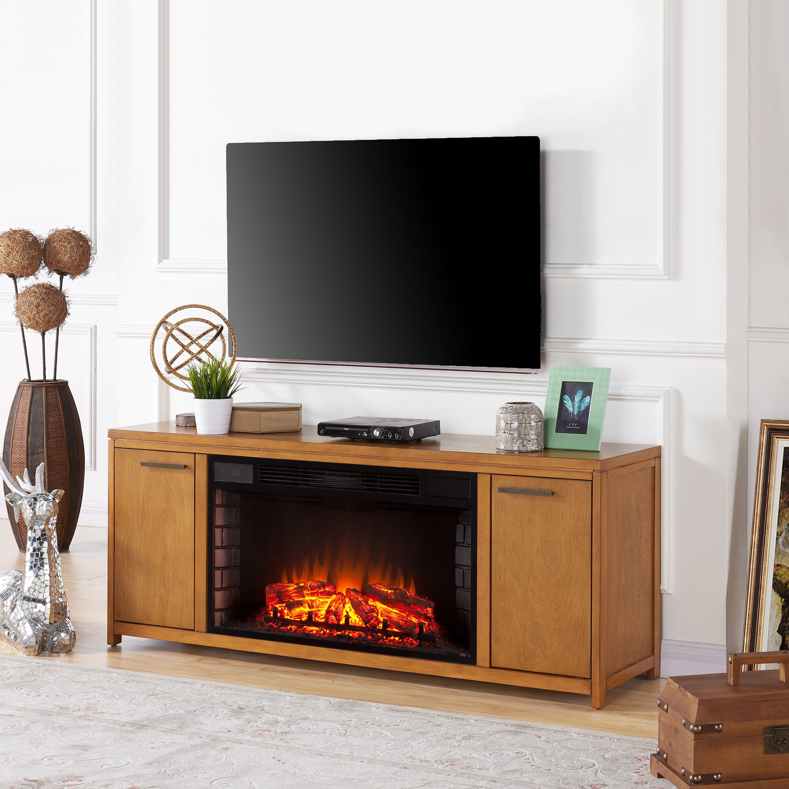 Liven TV Stand with Electric Fireplace, Weathered Oak - Walmart.com