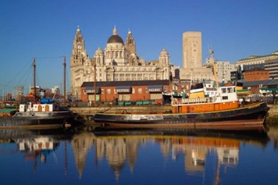 Liver Building and Tug Boats from Albert Dock Liverpool Merseyside England Canvas Art - Paul Thompson DanitaDelimont (24 x 15)