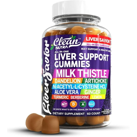 Liver Cleanse Detox Support Gummies with Milk Thistle Gummy Vitamins with Dandelion, Artichoke, Aloe Vera, Ginger, Berberine, Lemon, N-Acetyl-L-Cysteine, Turmeric Supplement and HCL by Clean Nutra