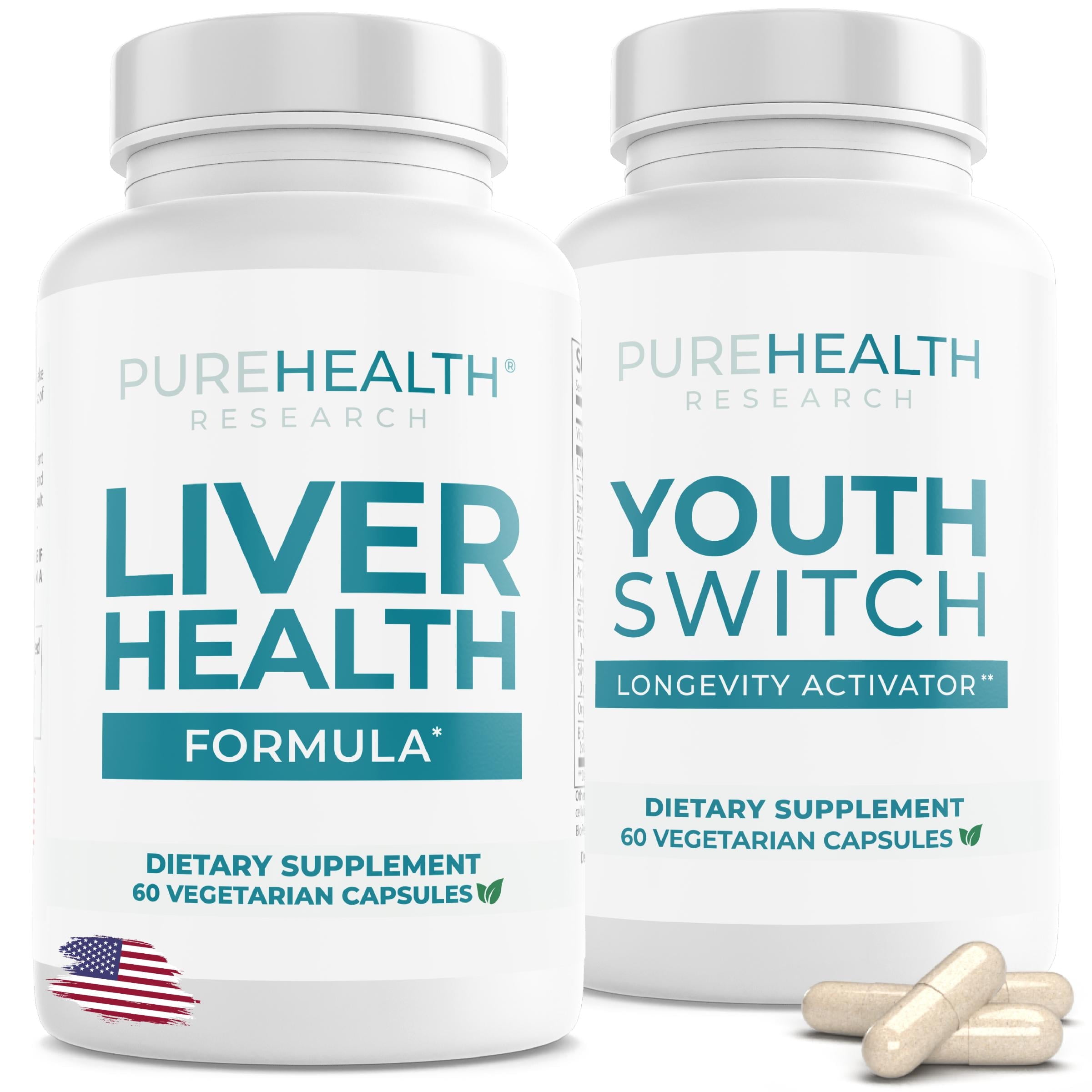 Liver Health Formula for Liver Cleanse & Detox and Youth Switch Anti Aging Supplement, Bundle Pack by PureHealth Research