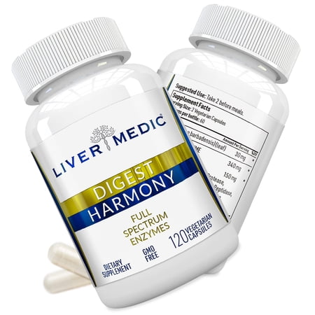 Liver Medic Digest Harmony Pure Digestive Enzymes for Gut Health for Women & Men, Papaya Enzymes for Digestion, Eases Bloating & Stomach Discomforts, Unflavored, 120 Capsules