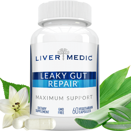 Liver Medic Leaky Gut Repair Max Support, Gut Health Supplement L-Glutamine, NAG, Aloe, Slippery Elm Bark, for IBS, Heartburn, GERD, Non-GMO (60 Caps)