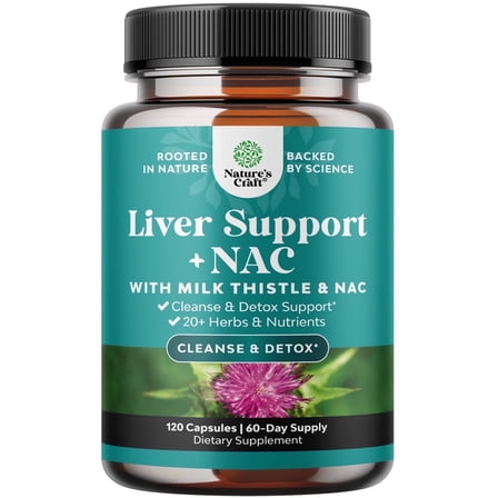 Natures Craft Liver Support Supplement w/ N Acetyl Cysteine for Liver Detox & Cleanse, 120 Capsules