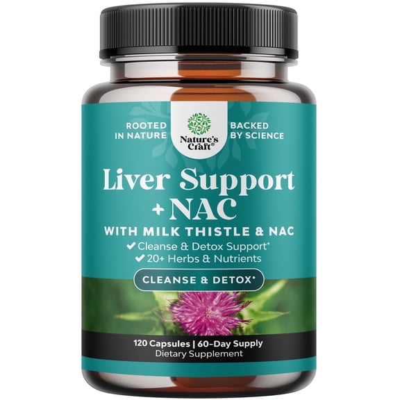 Natures Craft Liver Support Supplement w/ N Acetyl Cysteine for Liver Detox & Cleanse, 120 Capsules