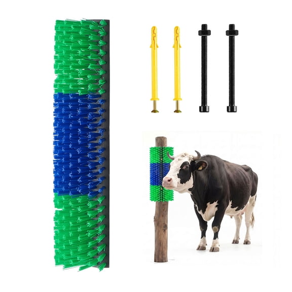 Livestock Scratching Brush, 1PC Goat Scratcher Brush Post with 4 Screws, 16.9" x 7.5" Cow Scratcher for Back Itch Relief, Massage Grooming Scratch Tool for Horse Cattle Sheep Pig, Green & Blue