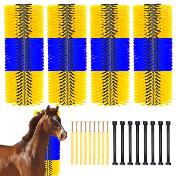 Livestock Scratching Brush, Set of 4 Brushes with Screws, 20.1x 7.9 in, Designed for Back Itch Relief, Cleaning, Grooming, and Scratching Post Use for Horses, Pigs, and Cattle