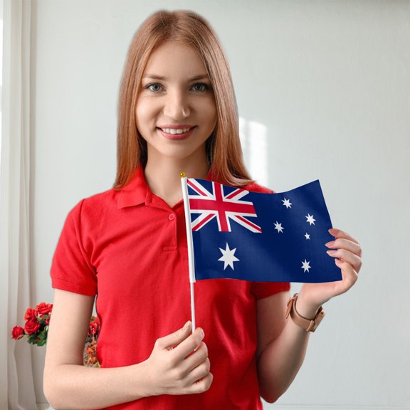 Livetty 12PCS - Australia Country Flag 5.5x8.2 inch Plastic Stick Polyester Fabric Stitched Edges Hand Held Mini Small Flags