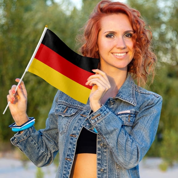Livetty 12PCS - Germany Country Flag 5.5x8.2 inch Plastic Stick Polyester Fabric Stitched Edges Hand Held Mini Small Flags-single-sided printing 
