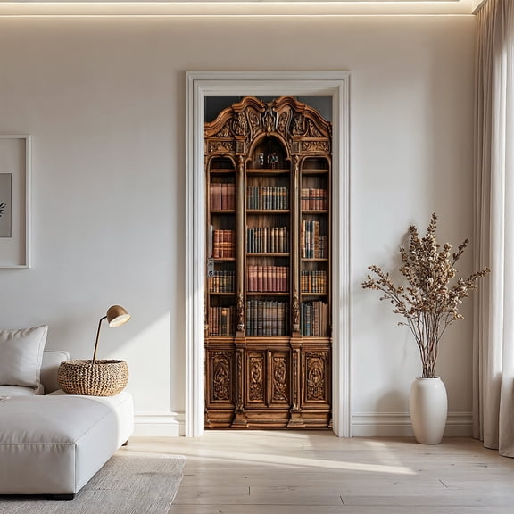 Livetty Classic Carved Wood Library Bookshelf Door Mural Sticker, Peel and Stick Removable Self-Adhesive Library Wallpaper, 30.3" W x 78.7" L, Set of 2 Sheets