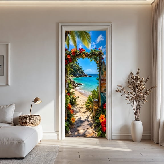 Livetty Tropical Beach Path with Palm Trees and Red Flowers 3D Door Mural Sticker, Peel and Stick Removable Self-Adhesive Wallpaper, 30.3" W x 78.7" L, Set of 2 Sheets