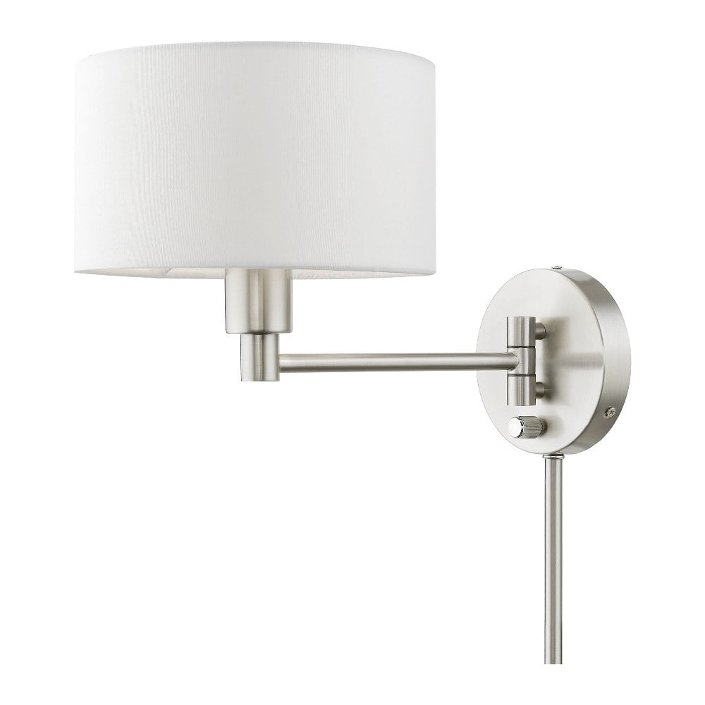 Transitional Brushed Nickel Swing Arm Wall Lamp with Oatmeal Fabric Shade