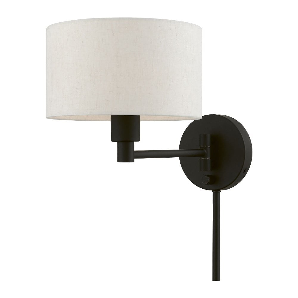 Transitional Black Swing Arm Wall Lamp with Oatmeal Fabric Shade
