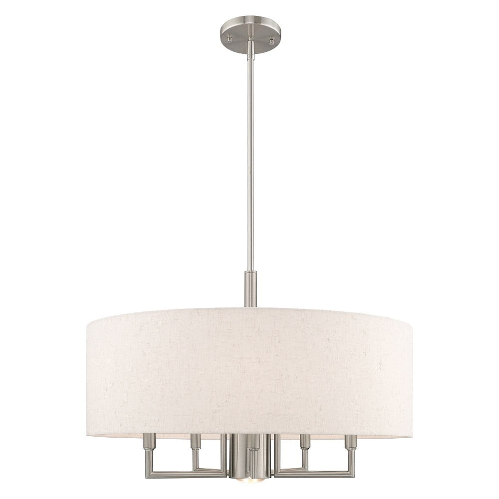 Meridian 6-Light Brushed Nickel Pendant with Oatmeal Fabric Shade