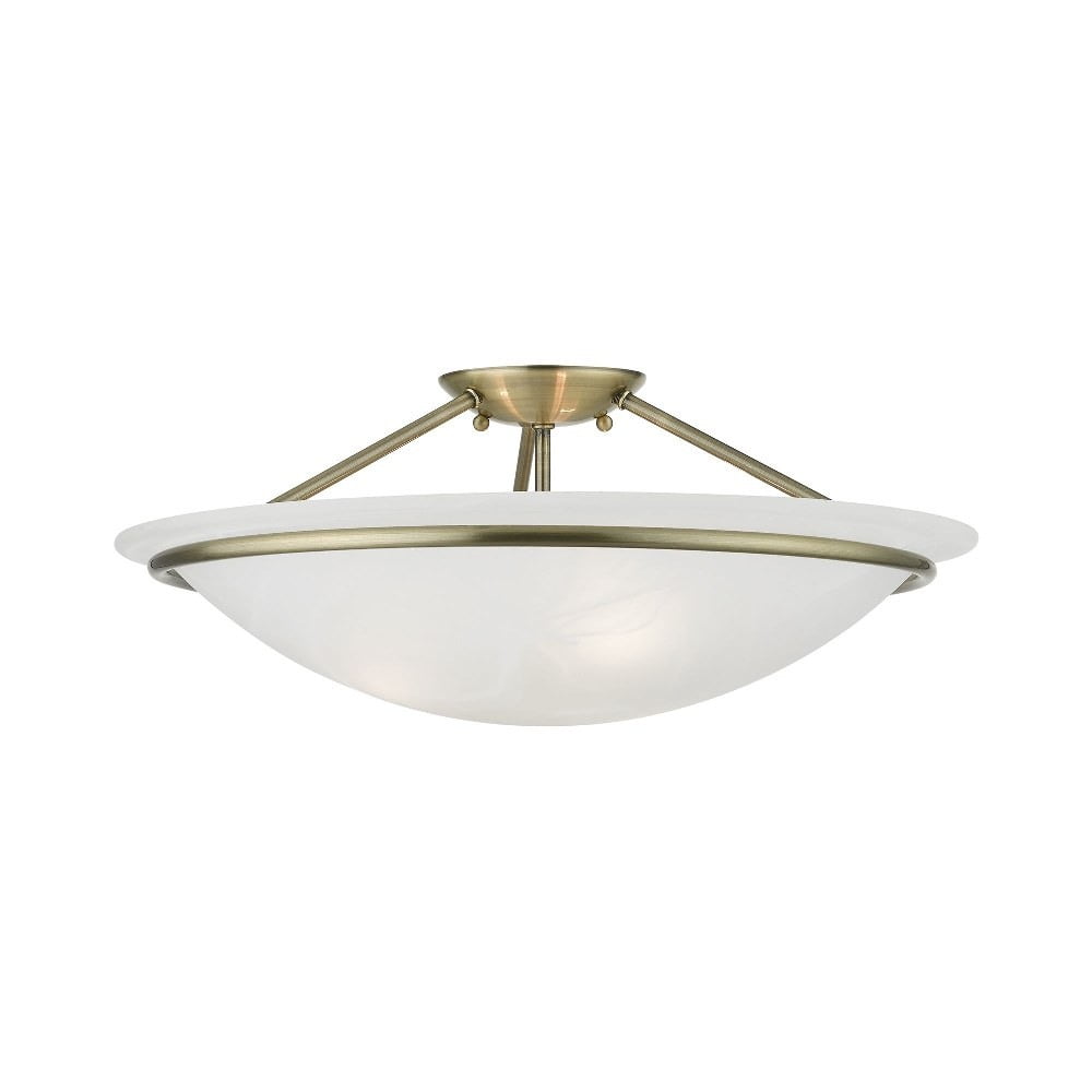 Antique Brass 3-Light Semi-Flush Mount with Alabaster Glass