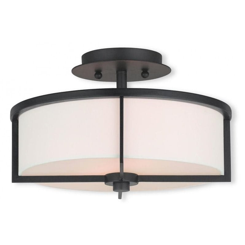 Bronze Wesley 13" Drum Semi-Flush Mount with Off-White Fabric Shade