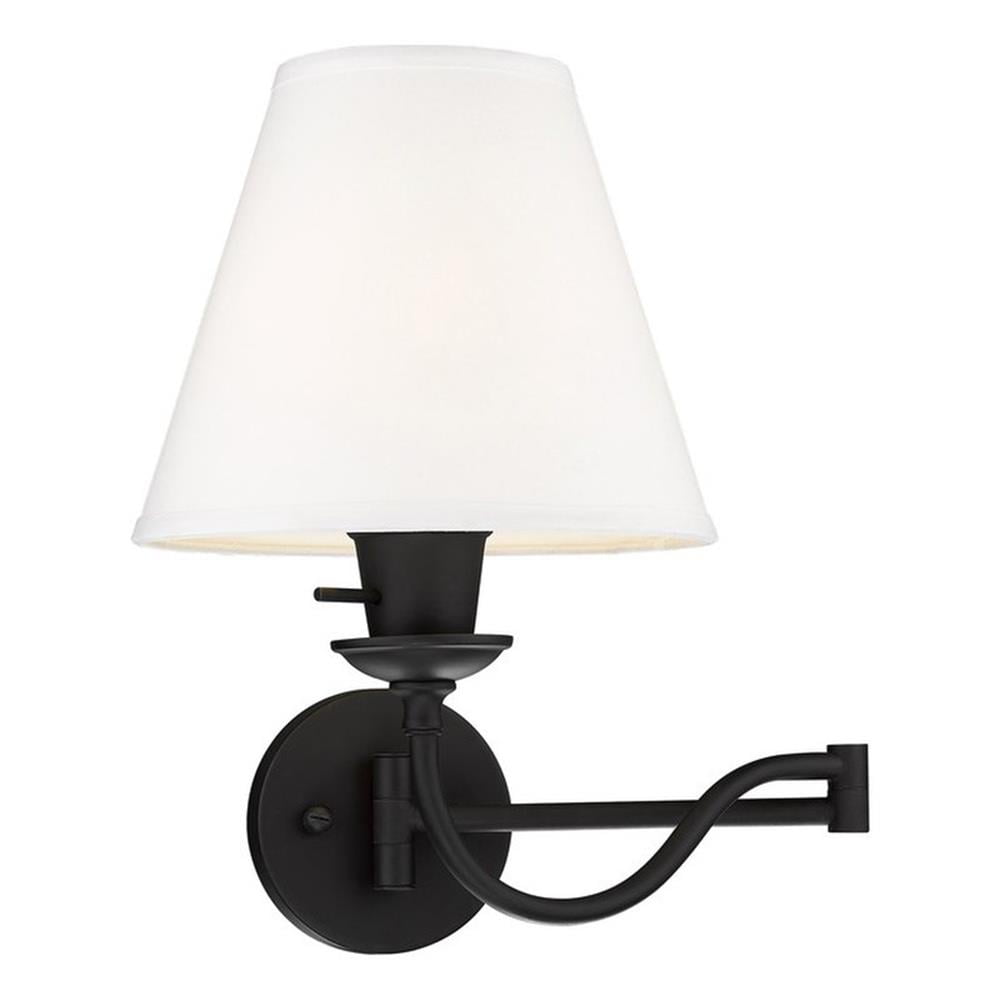 Adjustable Black Stainless Steel Swing Arm Wall Sconce with Off-White Linen Shade
