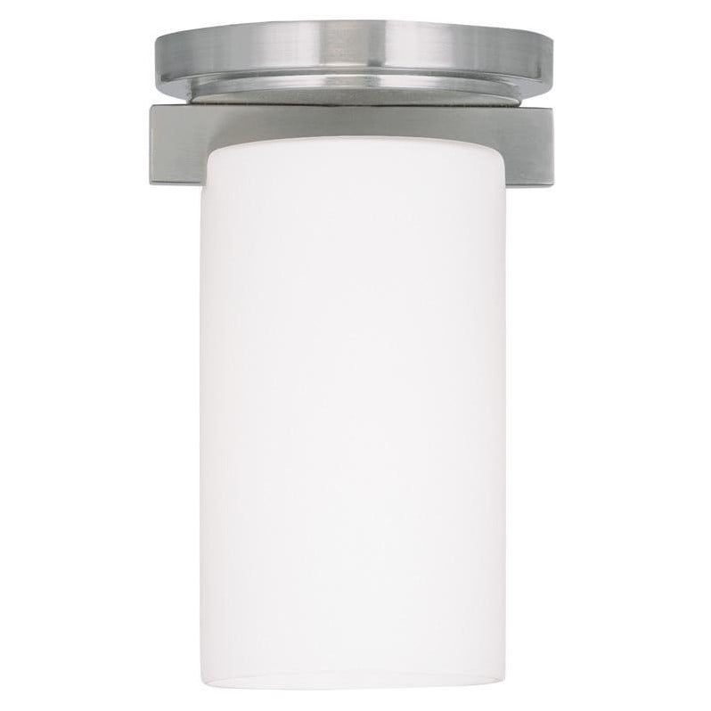 Delray 5 in. 1-Light Brushed Nickel Industrial Flush Mount with Satin Opal White Glass and No Bulbs Included